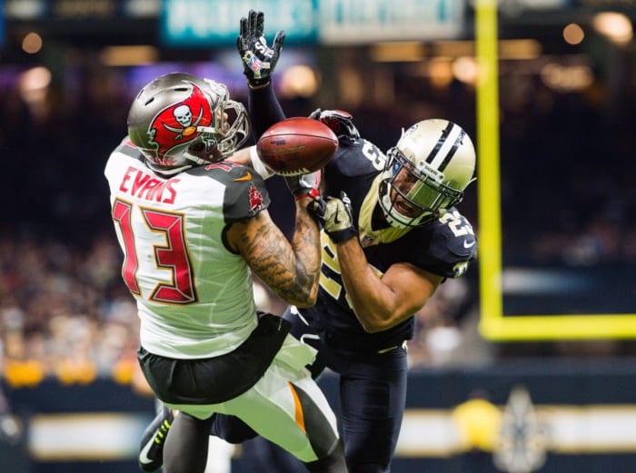 Nov 5, 2017; New Orleans Saints cornerback Marshon Lattimore breaks up a pass to Tampa Bay Buccaneers receiver Mike Evans. Mandatory Credit: Scott Clause/The Daily Advertiser via USA TODAY NETWORK